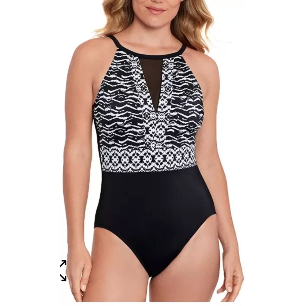 Swim Solutions Tummy Control Mesh‎ Swimsuit Women Size 10 Black EXCELLENT